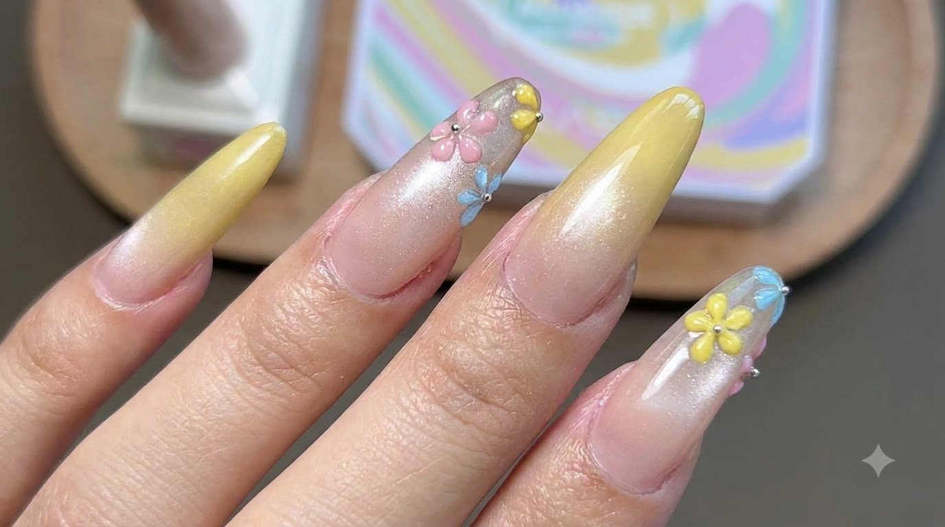 Unghie con Sfumatura Gialla e Fiori a Cinque Petalli — Tutorial Passo dopo Passo