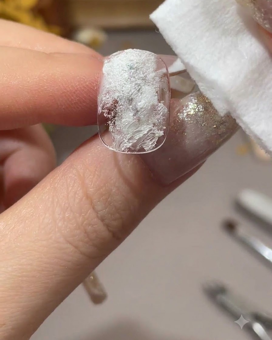 Un batuffolo di cotone asciutto premuto ripetutamente su ununghia rivestita di gel bianco per creare texture.