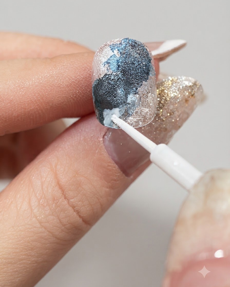 Un pennello sottile applica il liquido sfumante bianco lungo i bordi delle aree blu su ununghia.