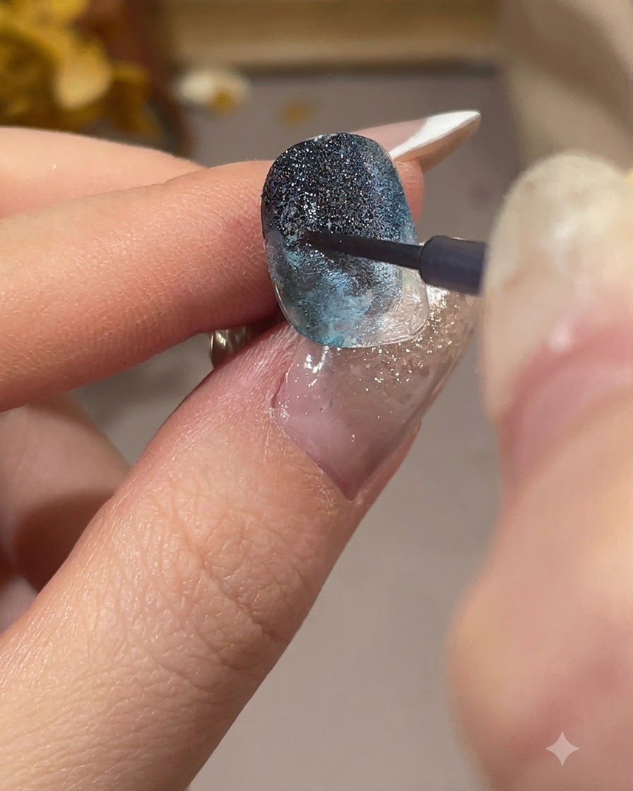 Vista ravvicinata di un pennello da unghie che applica un liquido glitterato perlato scintillante al centro di un design per unghie blu.