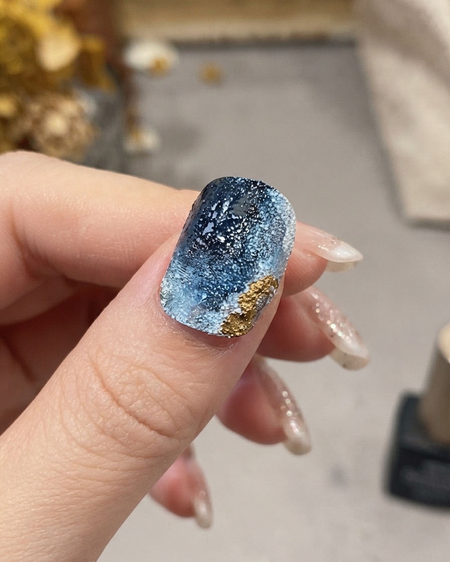 Primo piano di una mano che utilizza un pennello di dettaglio fine per applicare dettagli metallici dorati lungo il bordo strutturato di ununghia blu.