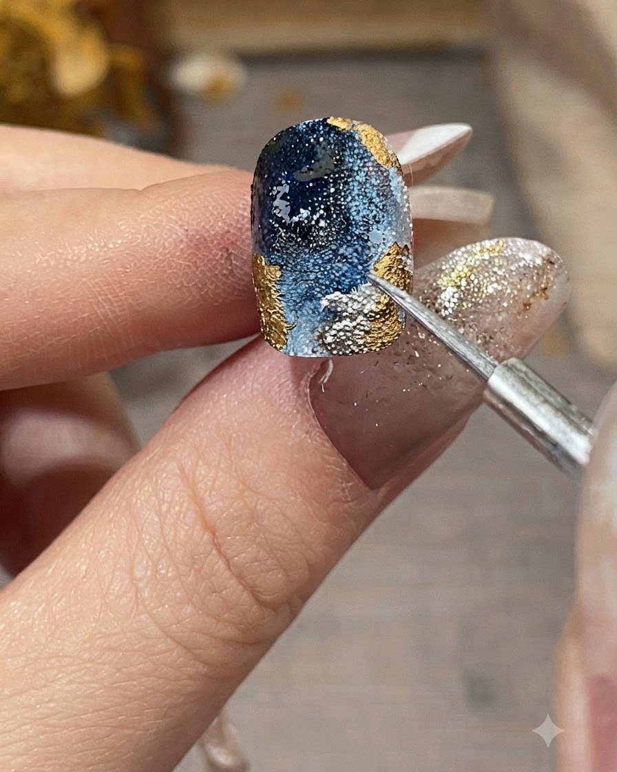 Primo piano di un pennello di dettaglio che applica il liquido metallico argentato lungo i bordi strutturati di un design per unghie blu e oro.