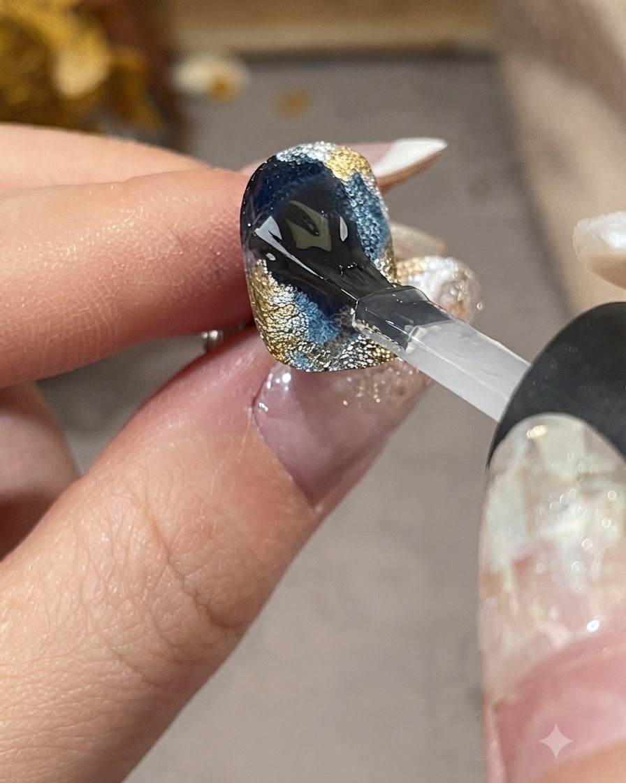 Un pennello che applica un top coat trasparente e lucido su un design per unghie galattico completato in blu, oro e argento.