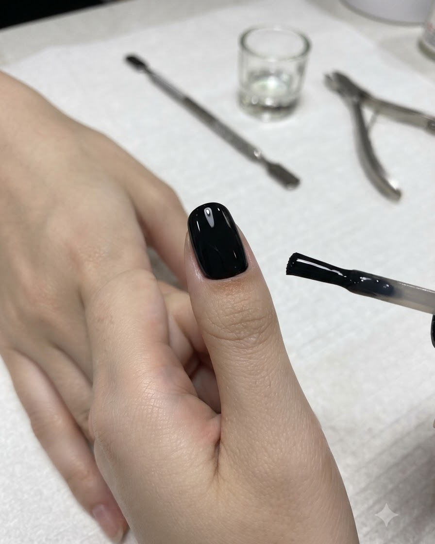 Una spugnetta a blocchetto utilizzata per sfumare il bordo di unapplicazione in gel nero su ununghia.
