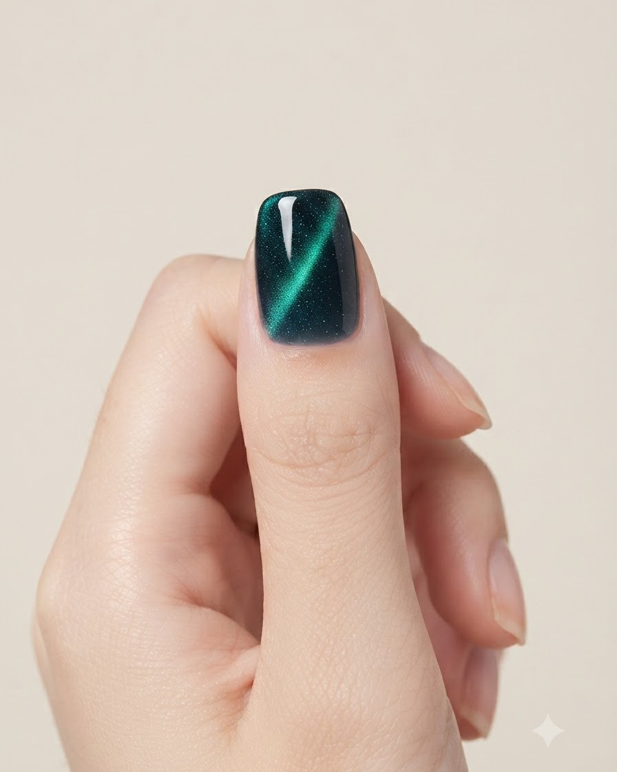 Uno strumento magnetico sferico che fluttua sopra ununghia con gel cat-eye verde ottanio ancora fresco.