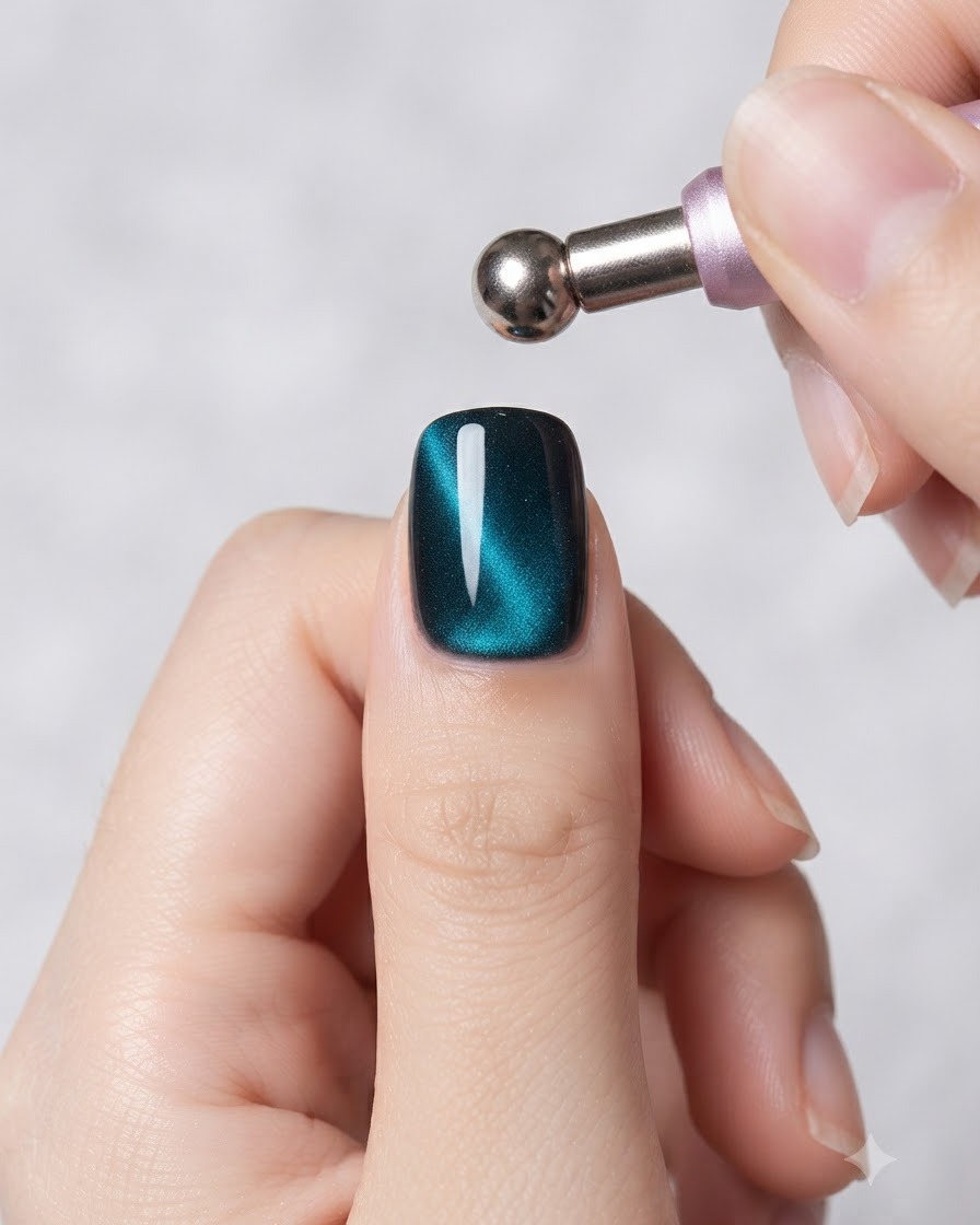 Un bastoncino magnetico con punta a sfera di metallo che fluttua sopra ununghia in gel cat-eye verde ottanio per modellare le particelle magnetiche.