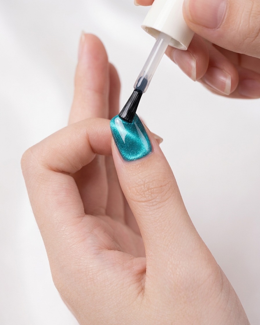 Un pennello applica un top coat trasparente lucido sopra ununghia cat-eye galassia turchese scintillante.