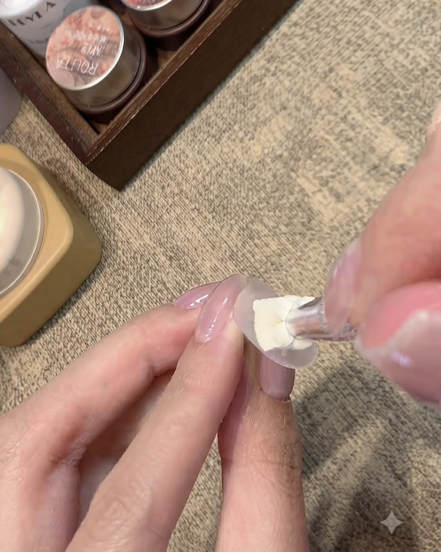 Un pennello che applica uno strato di gel nude lattiginoso su un supporto trasparente per esposizione unghie.