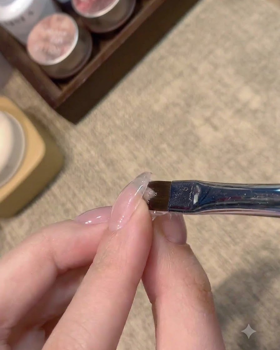 Un pennello piatto per nail art poggiato contro una superficie traslucida di ununghia nude polimerizzata.