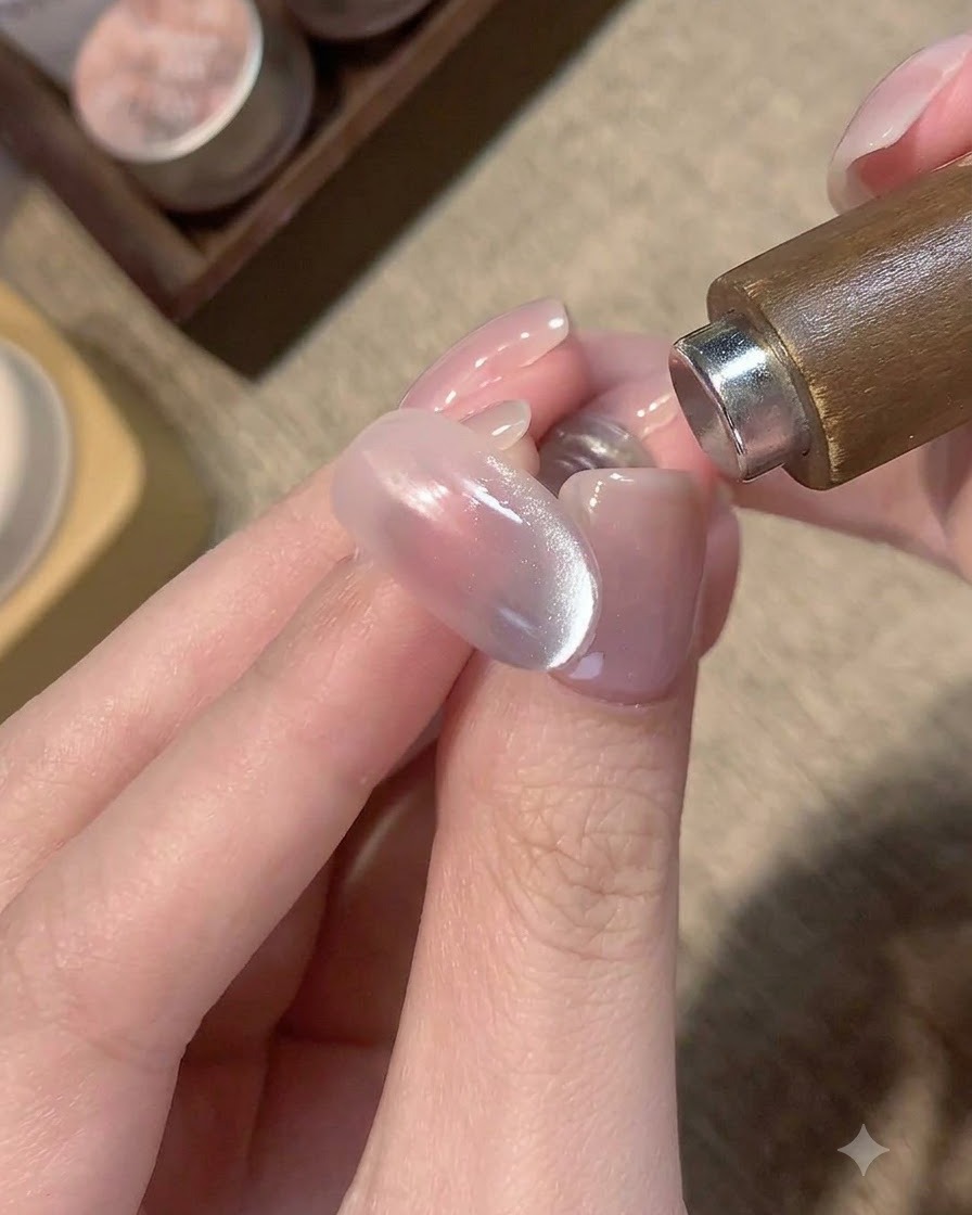 Uno strumento magnetico tenuto vicino al lato di ununghia per manipolare leffetto shimmer cat-eye blu.