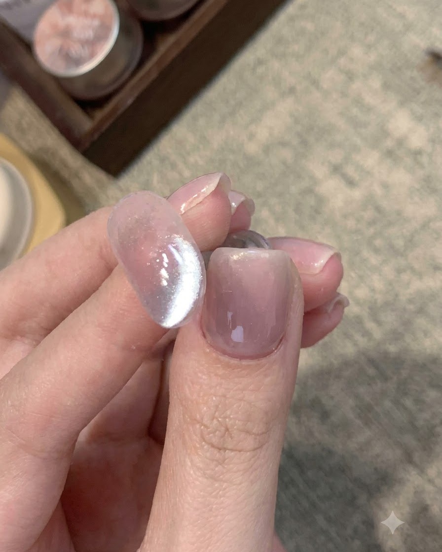 Primo piano di una punta dunghia trasparente con uno shimmer cat-eye blu concentrato spostato su un lato.