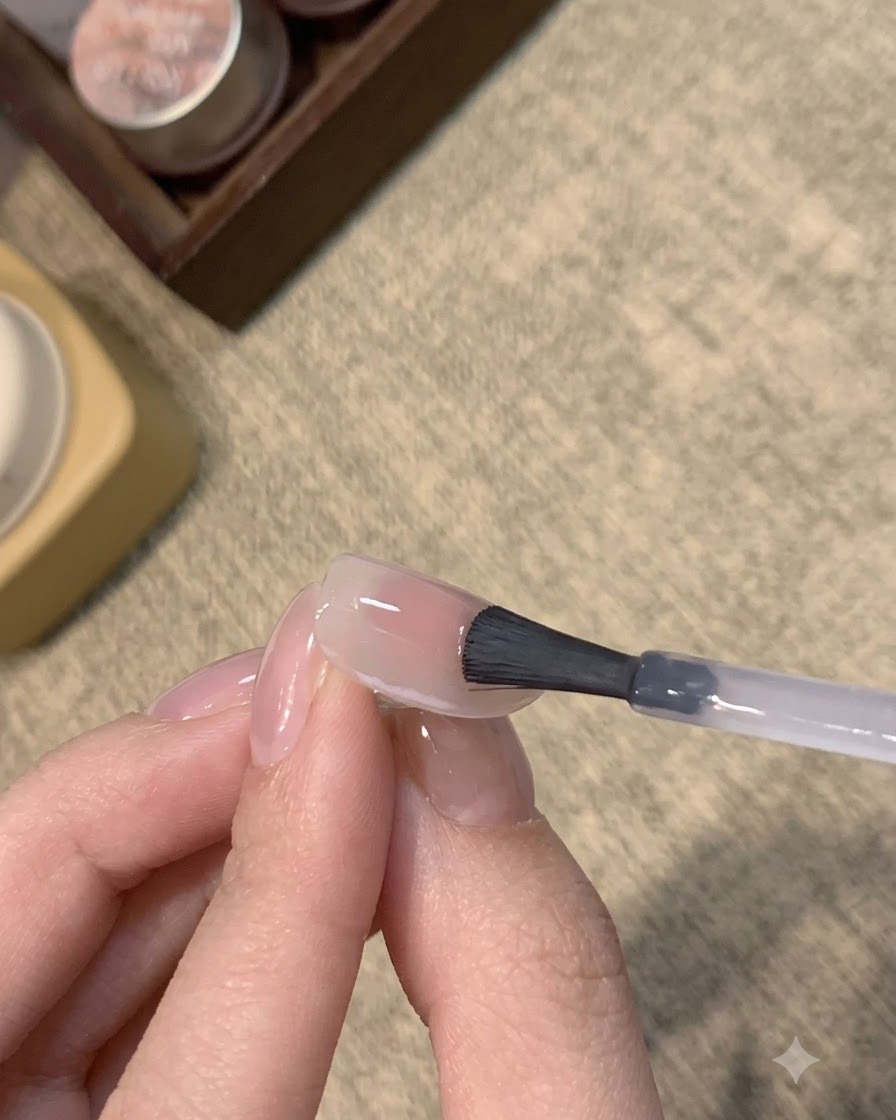 Un pennello che applica uno strato di top coat trasparente su ununghia cat-eye lucida rosa e blu.
