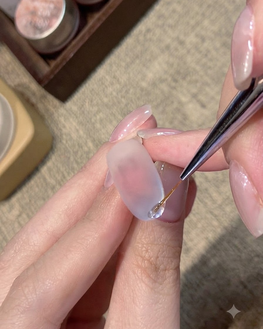 Un pennello liner fine per nail art che applica una linea lucida e in rilievo di gel trasparente sul bordo libero di ununghia opaca con shimmer blu.