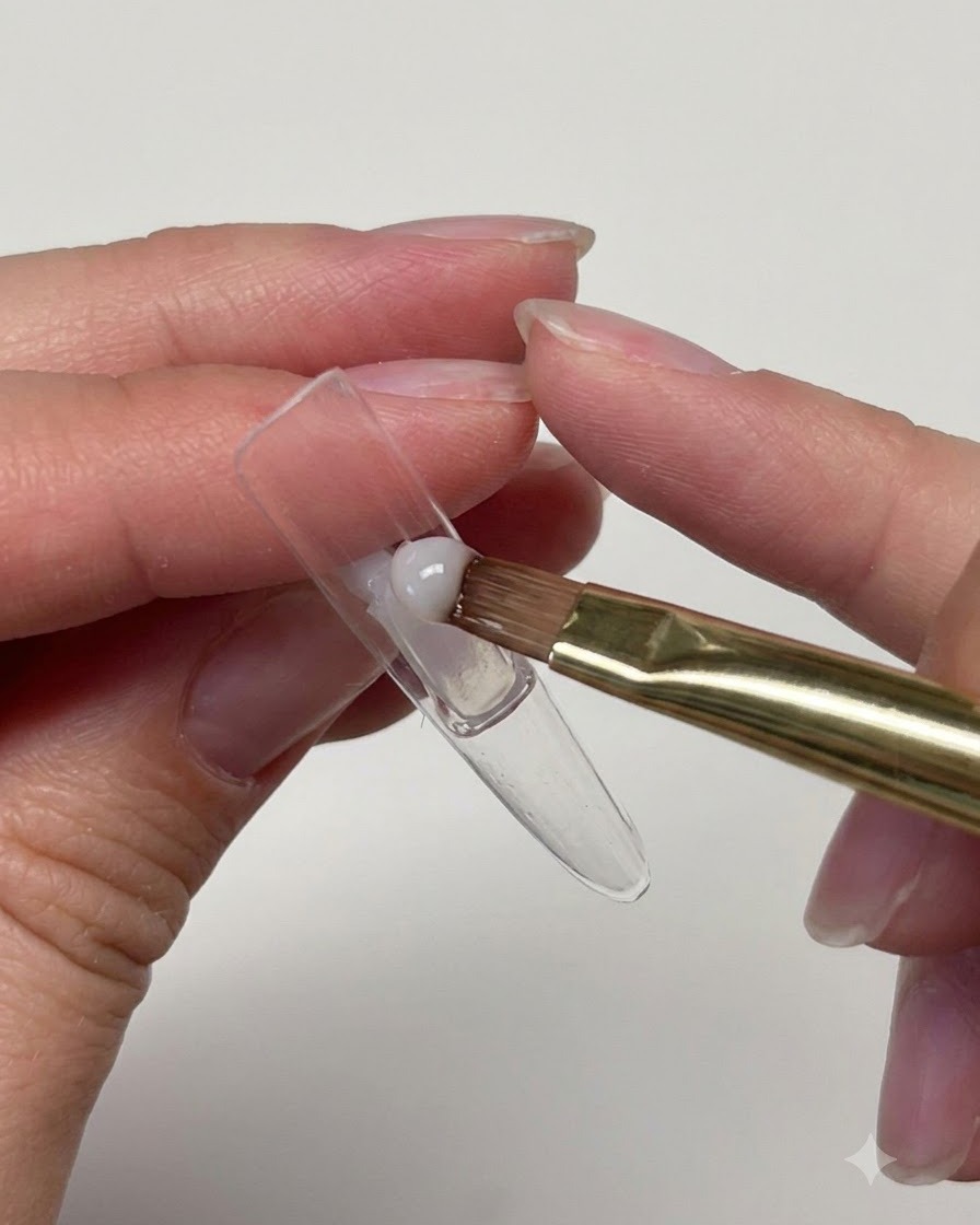 Un primo piano di un pennello piatto che applica gel trasparente sulla parte interna di una tip trasparente lunga per ricostruzione.