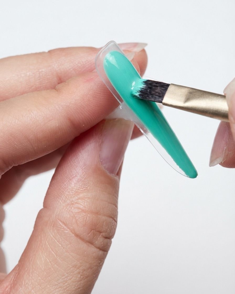 Un pennello che applica accuratamente il gel verde menta lungo il bordo inferiore e la parte sottostante di una tip trasparente.