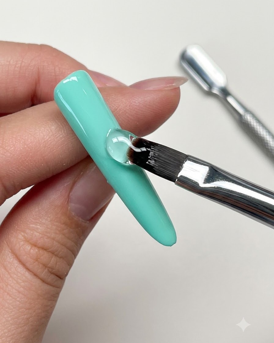 Un pennello per gel che stende uniformemente un gel rinforzante trasparente sulla superficie di ununghia verde menta.