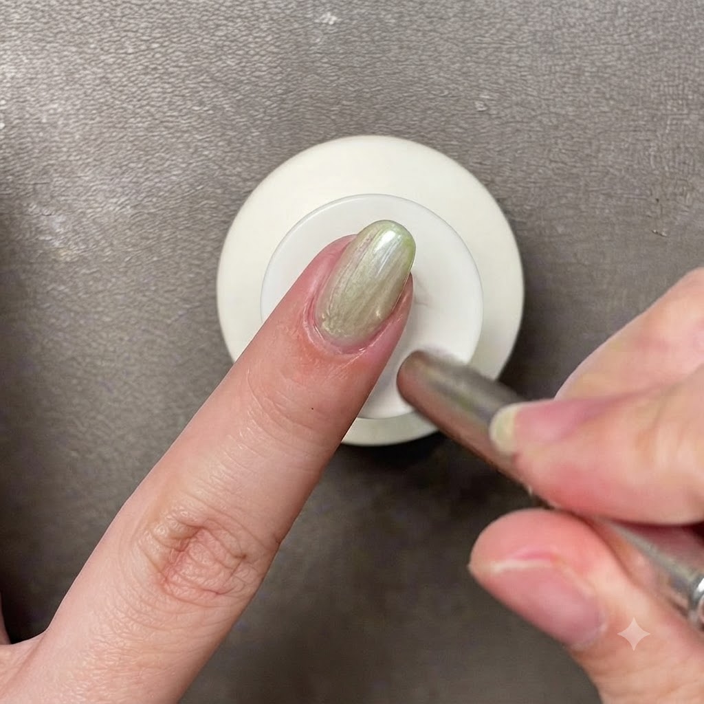 Uno strumento magnetico sospeso su ununghia laccata di gel verde chiaro per modellare il riflesso di luce.