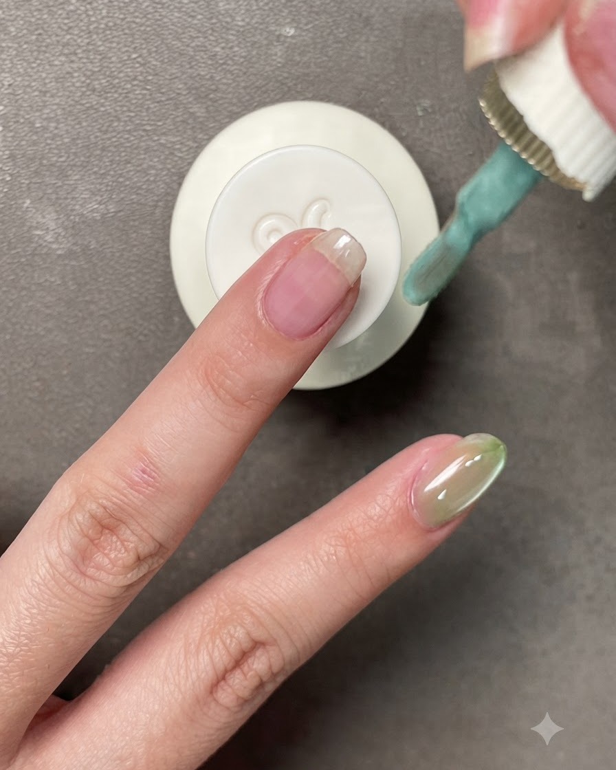 Un pennellino da smalto che applica un gel verde salvia pallido su ununghia.