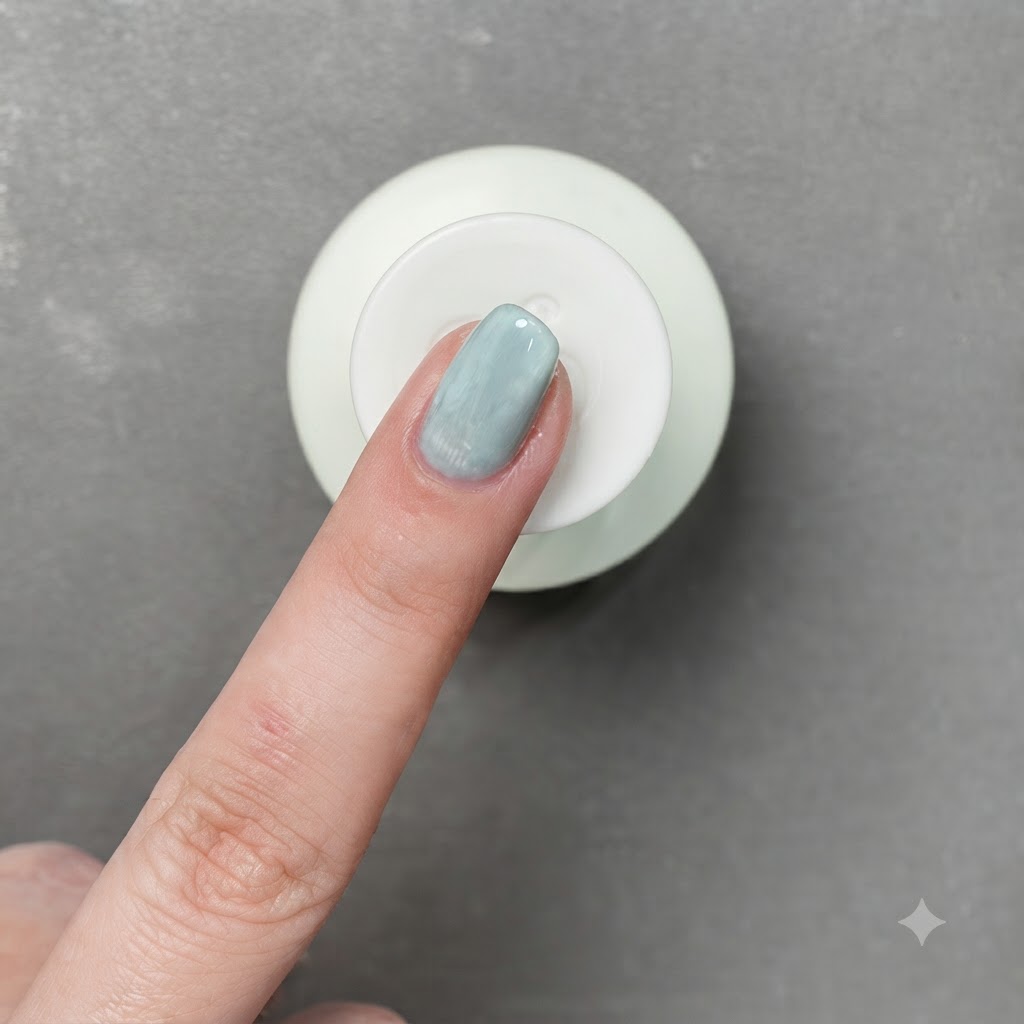 Una penna magnetica posizionata su ununghia verde salvia per concentrare la linea luminosa.