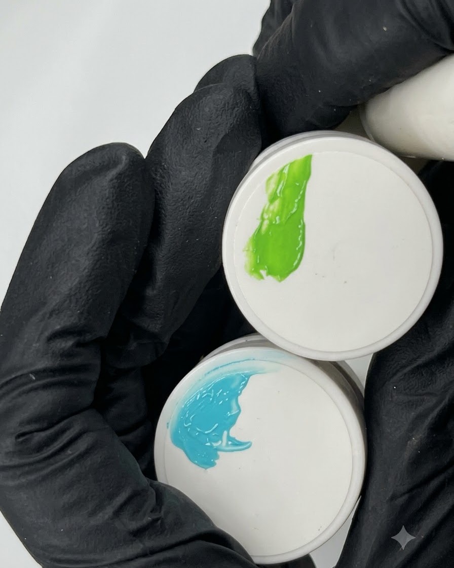 Una mano guantata che mostra fresche gocce di gel color teal e verde brillante su coperchi di barattoli bianchi.
