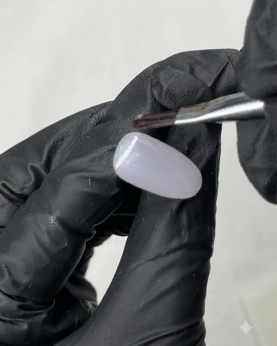 Una bacchetta magnetica tenuta sopra ununghia di prova rivestita di gel viola chiaro per formare una linea cat eye.