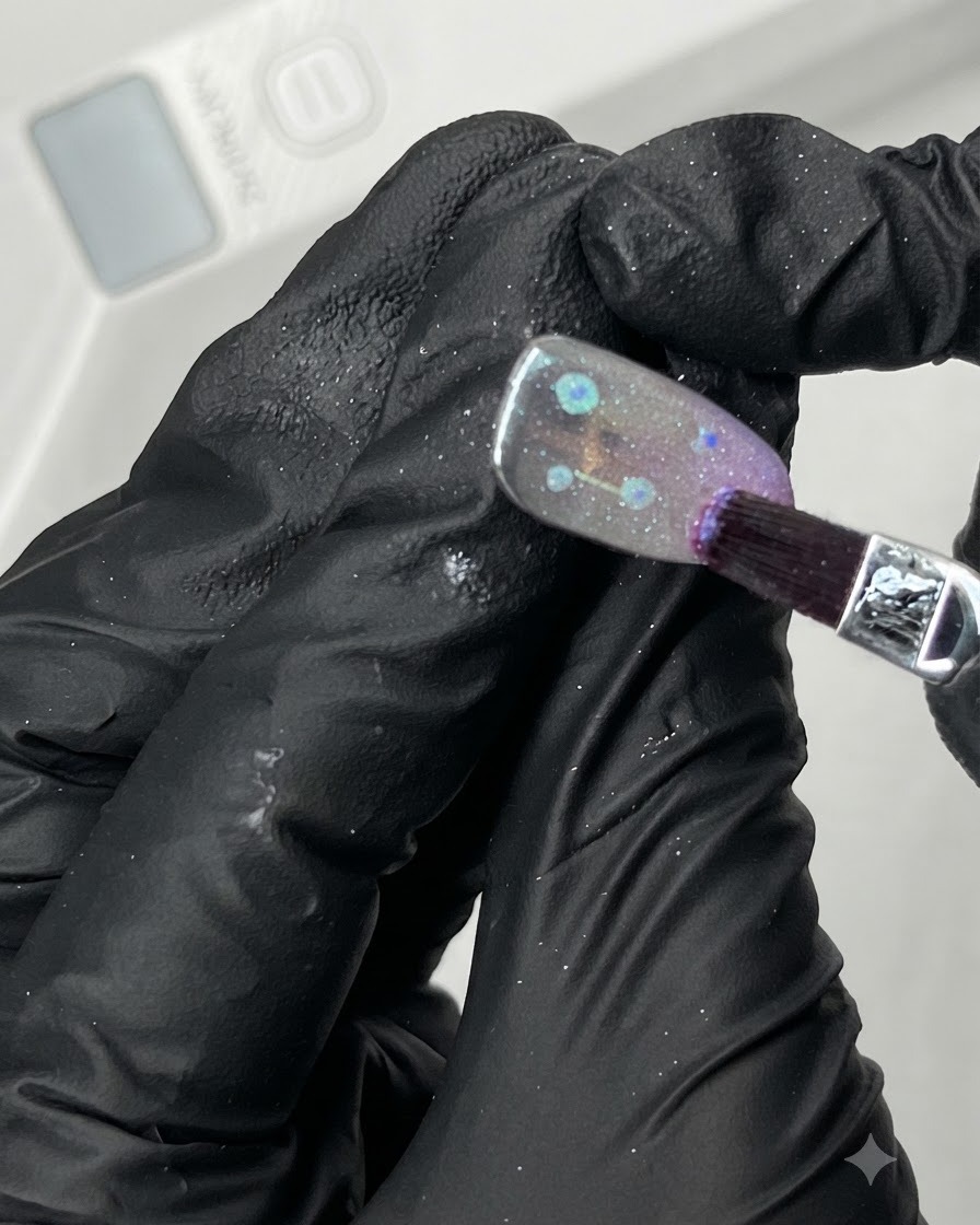 Un pennello piatto che applica uno strato di top coat lucido trasparente su ununghia decorata con finitura aurora.