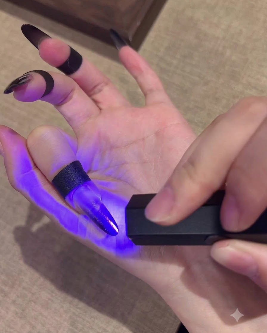 Una mini lampada UV portatile polimerizza uno strato di gel nero sfumato su una lunga estensione per unghie.