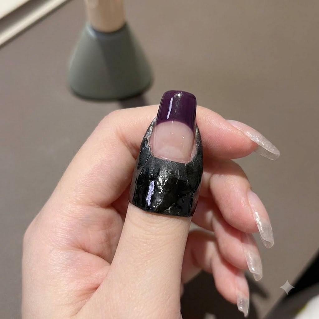 Una mano tiene una mini lampada UV su ununghia con punta viola scuro per polimerizzare il gel.