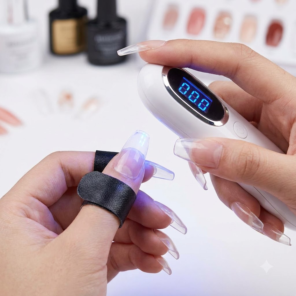 Una mini lampada UV/LED portatile polimerizza un set di unghie decorate.