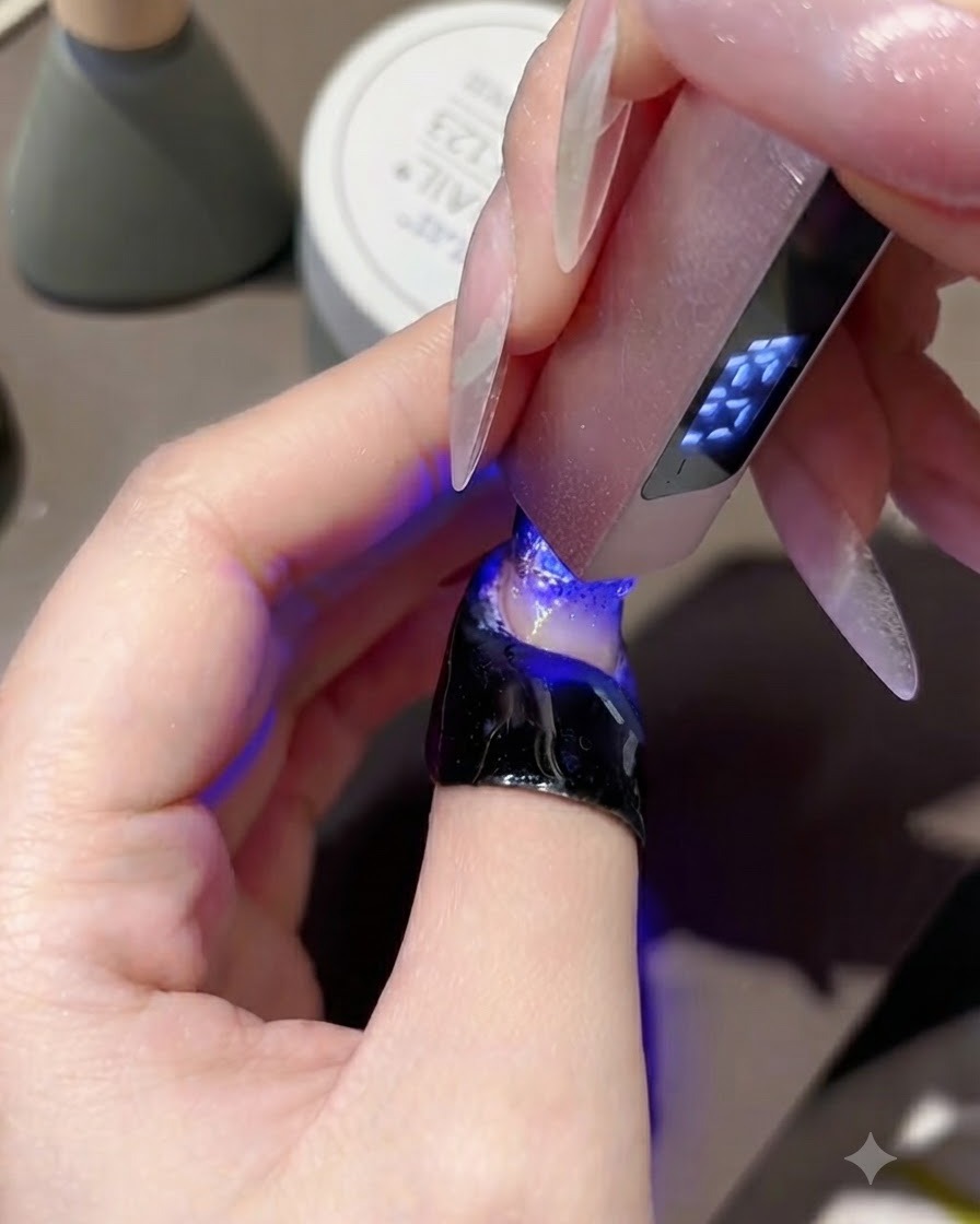 Una mini lampada LED UV rosa per unghie polimerizza il gel riempitivo attorno agli strass su ununghia finita.
