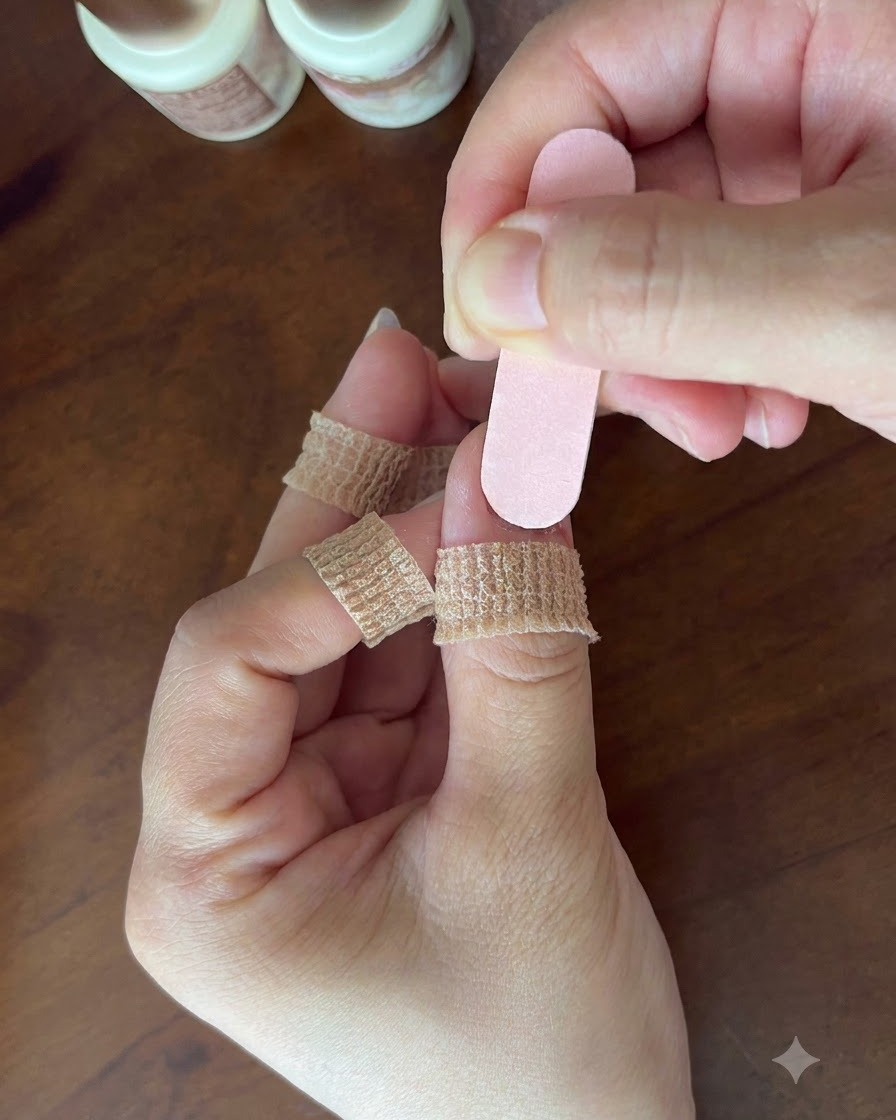 Una mano che tiene delicatamente una lima per unghie rosa sulla superficie di ununghia naturale.