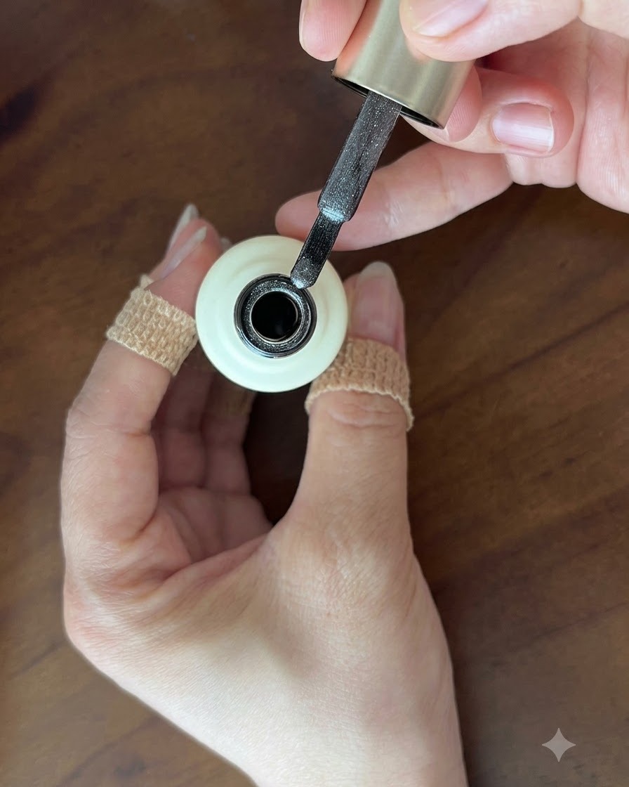 Un pennello che trattiene una piccola quantità di gel cat-eye grigio-argento brillante sopra un barattolo aperto.