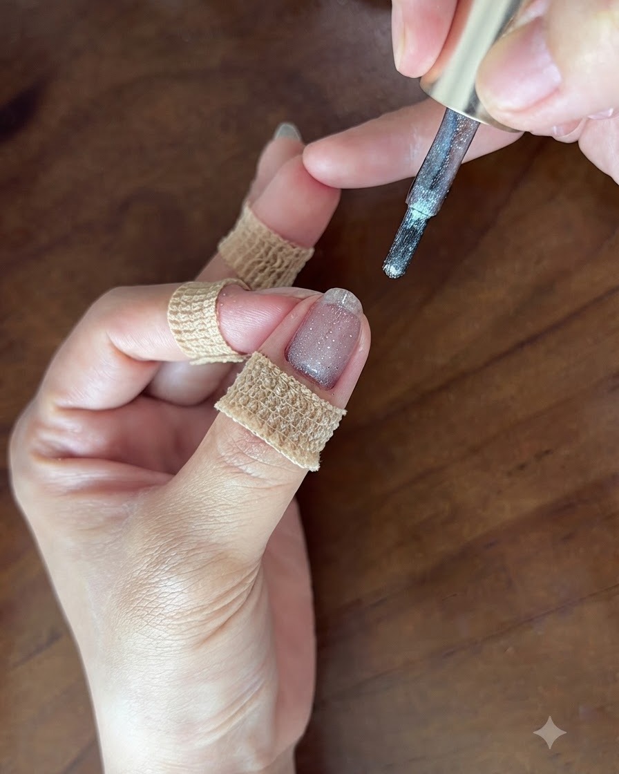 Uno strumento magnetico posizionato vicino a ununghia in gel bagnata e brillante per creare un motivo cat-eye luminoso.