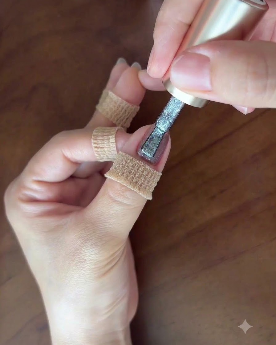 Un pennello che applica con cura un secondo strato sottile di gel cat-eye grigio-argento sullunghia.