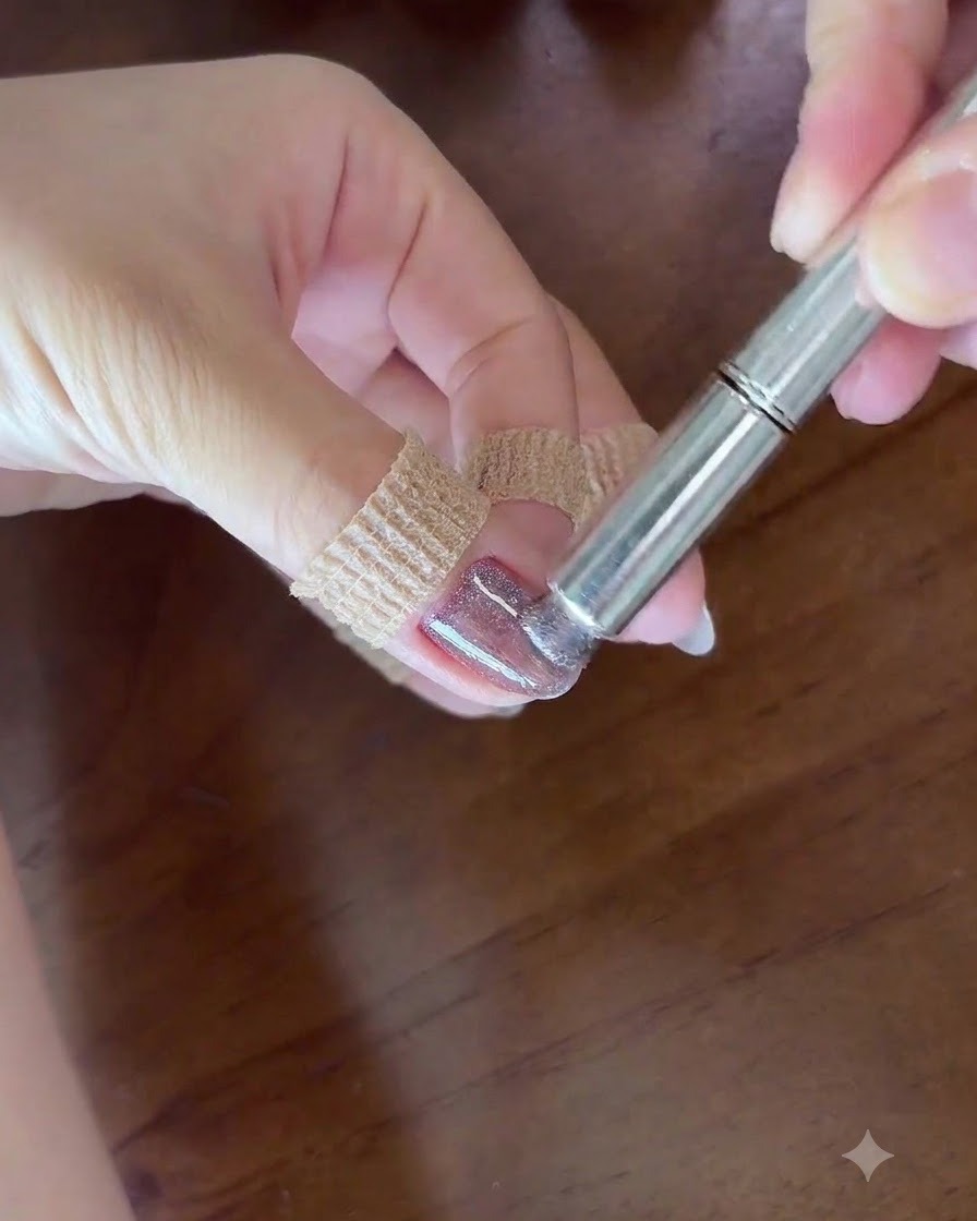 Primo piano di una mano che tiene uno strumento magnetico cilindrico direttamente sopra ununghia dipinta con gel cat-eye viola bagnato per creare un lampo di luce.