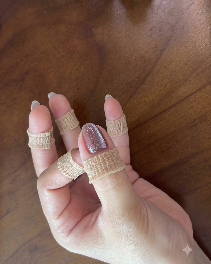Primo piano di una mano a riposo che mostra ununghia in gel cat-eye viola lucida e completata.