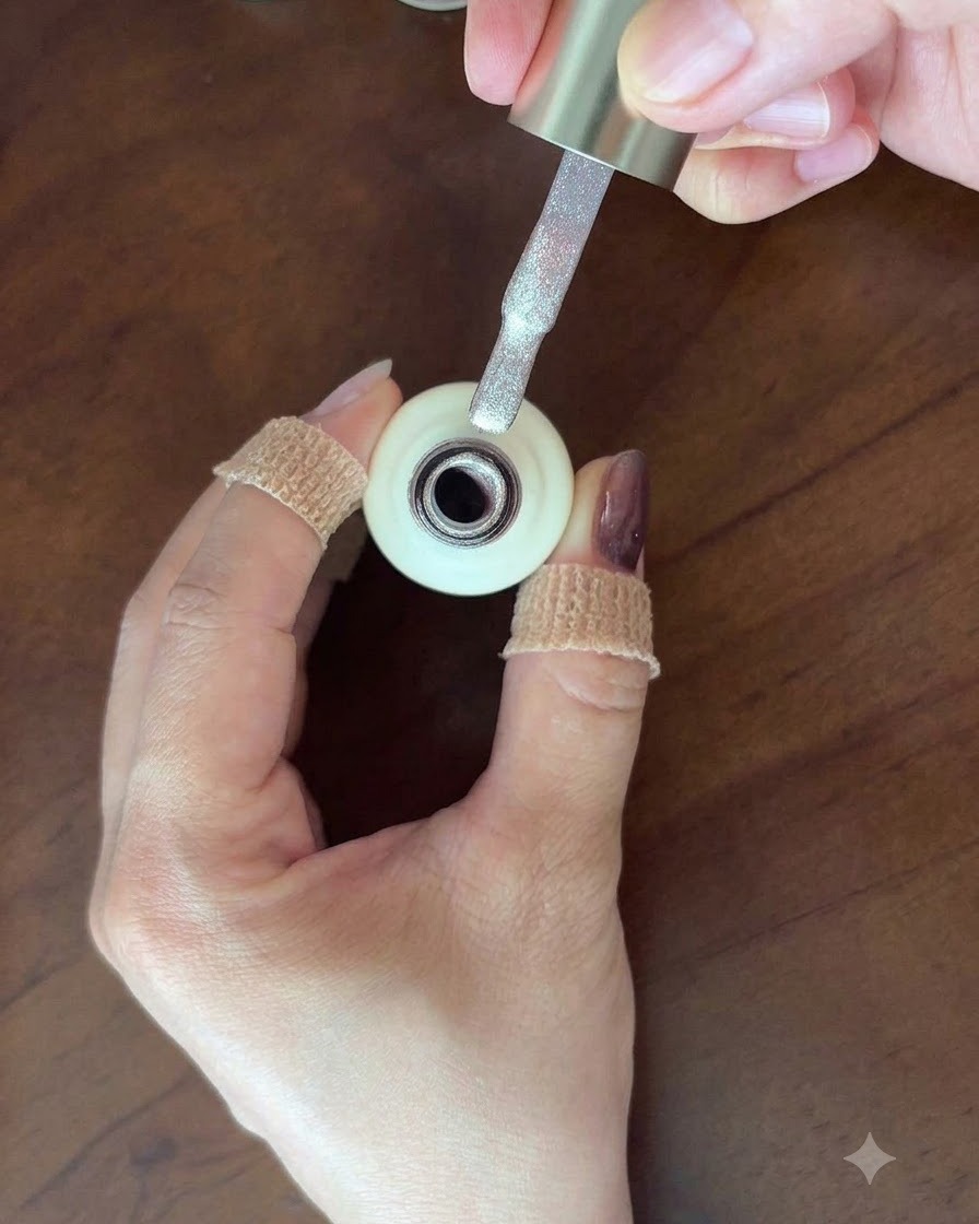 Un pennello per smalto per unghie che trattiene il gel cat-eye rosa conchiglia sopra ununghia.