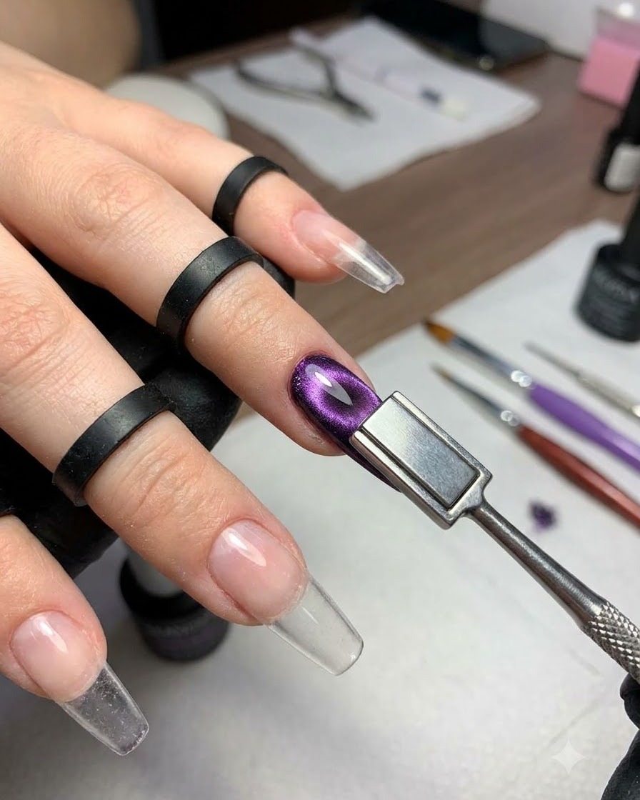 Uno strumento metallico con un magnete tenuto da vicino sopra ununghia in gel cat-eye viola per creare un riflesso a striscia brillante.