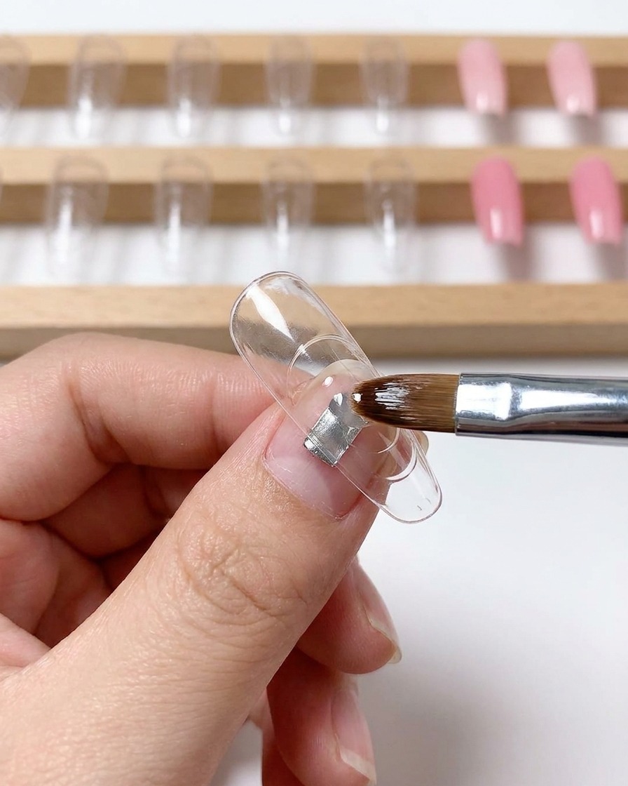 Un pennello e dita che premono un pezzo di pellicola trasparente sulla superficie del gel bagnato allinterno di una tip per unghie.