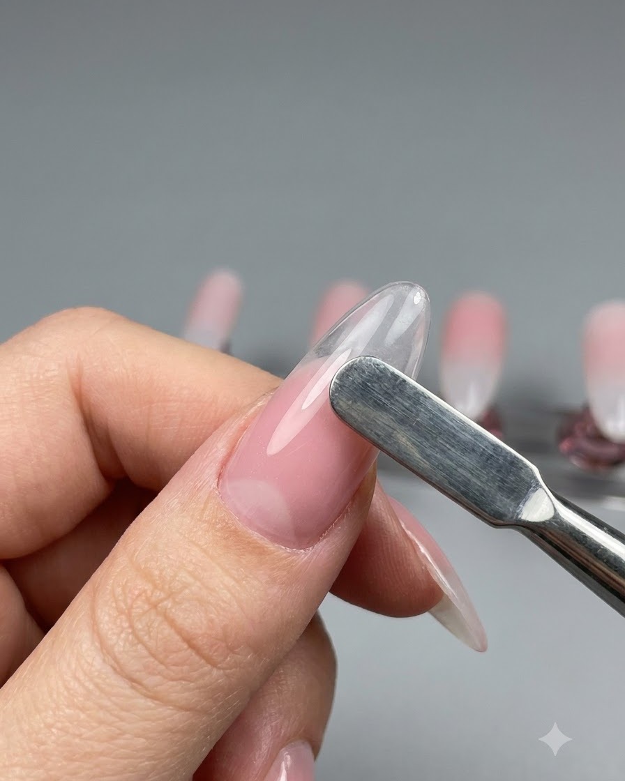 Uno strumento di metallo che liscia una sfumatura di gel nude rosa sulla superficie di una tip a forma di mandorla.