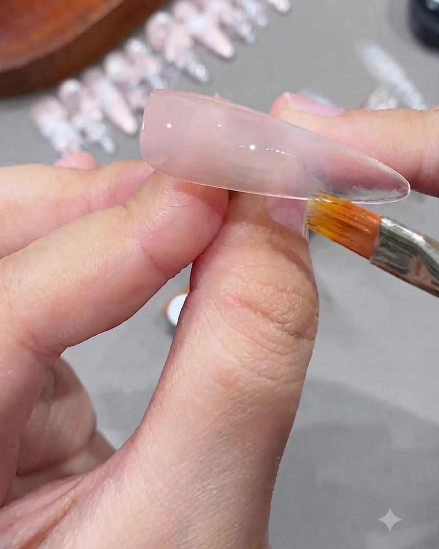 Primo piano di una mano che usa un pennello per nail art per sfumare in avanti lo smalto gel rosa su una tip trasparente.