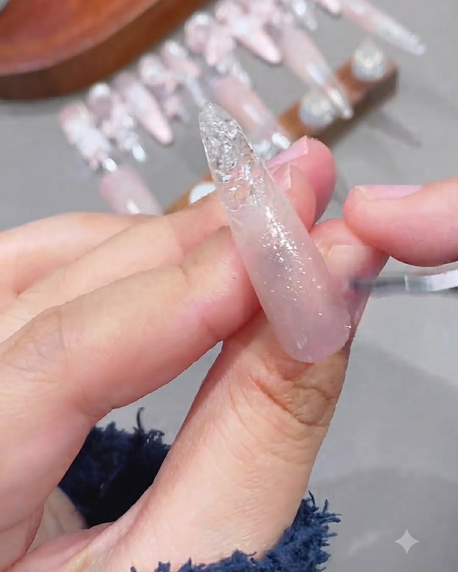 Primo piano di un pennello che applica gel cat eye scintillante su una base unghia sfumata rosa.