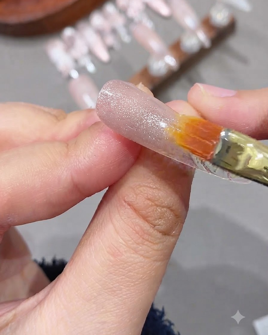 Un piccolo magnete per unghie che si libra da vicino su ununghia dipinta con gel cat eye per concentrare la linea di luce scintillante.