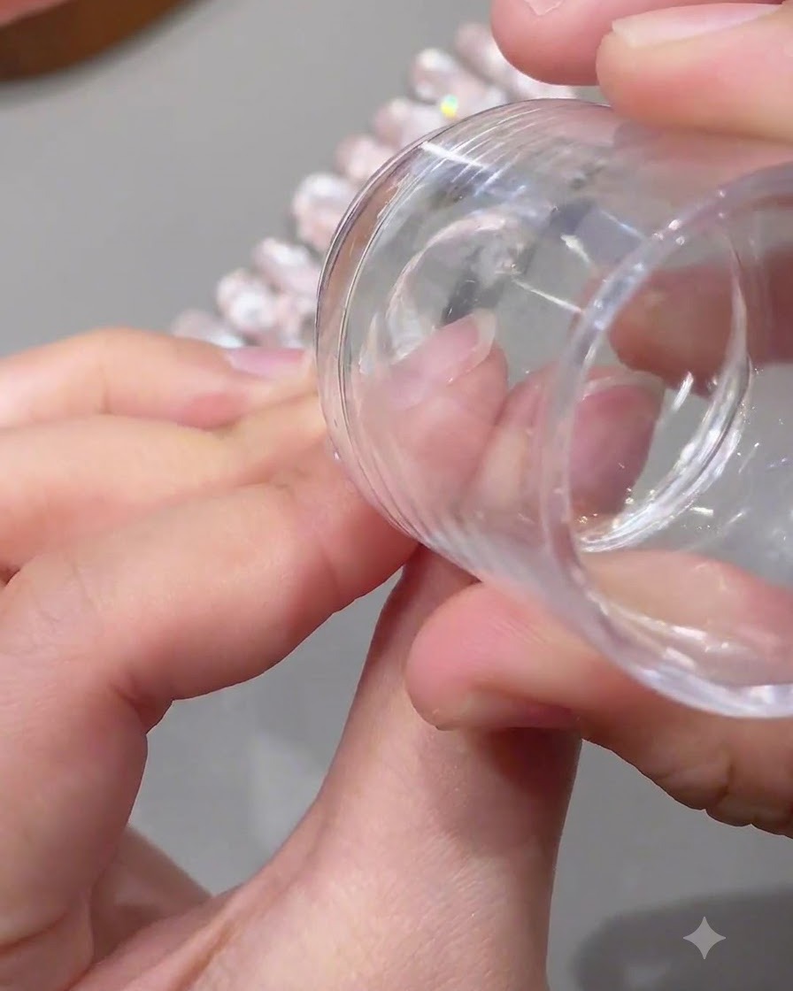 Un timbro in silicone trasparente preme verso il basso su una tip per unghie allungata per trasferire un design in pizzo bianco.