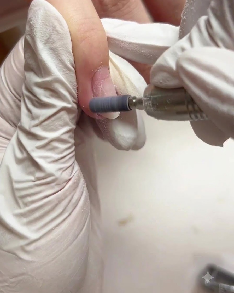 Una fresa elettrica con un cilindro abrasivo che lavora sulla superficie di ununghia naturale preparata.