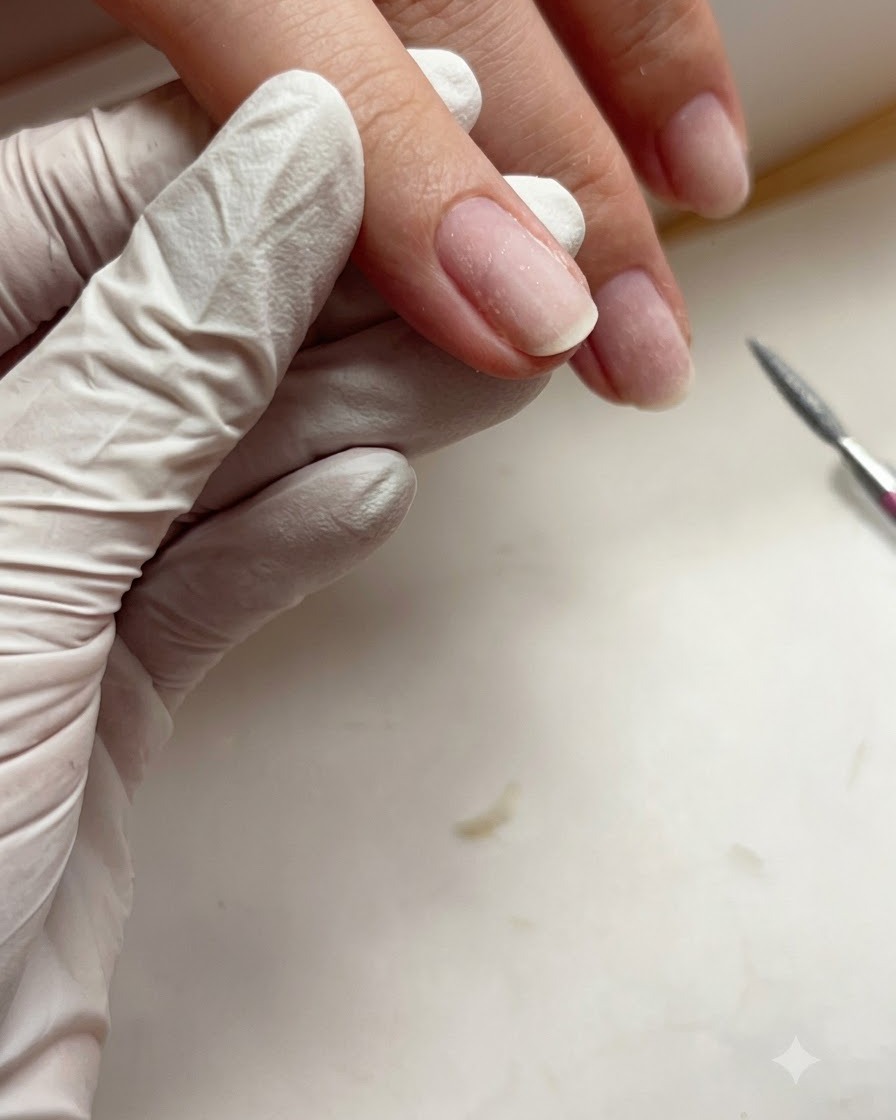 Primo piano di ununghia che mostra il vallo laterale sinistro dopo il trattamento.