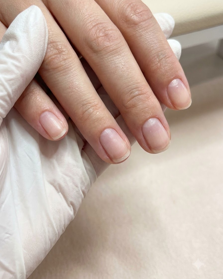 Primo piano di una mano con unghie ben preparate che riposa sotto una piccola lampada UV/LED portatile.