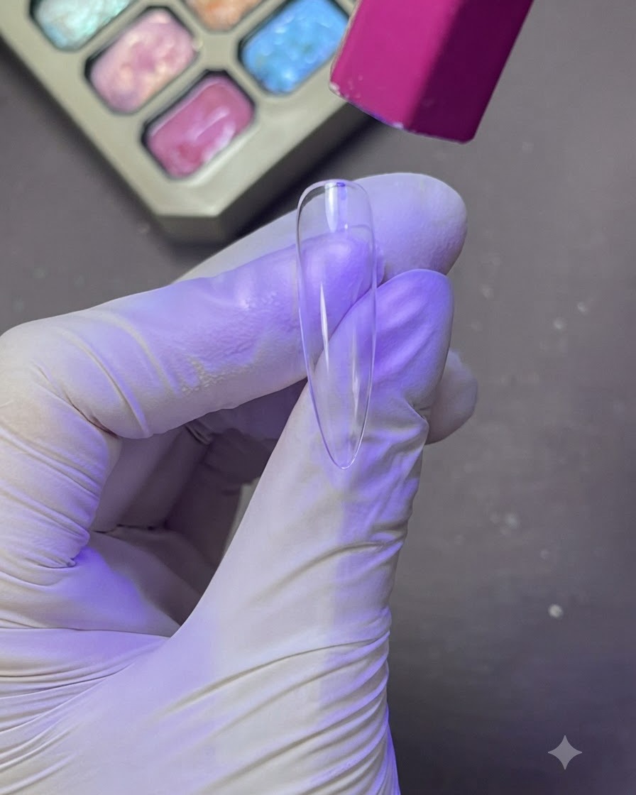 Una tip trasparente curata sotto una lampada UV/LED dai toni viola tenuta da una mano guantata.