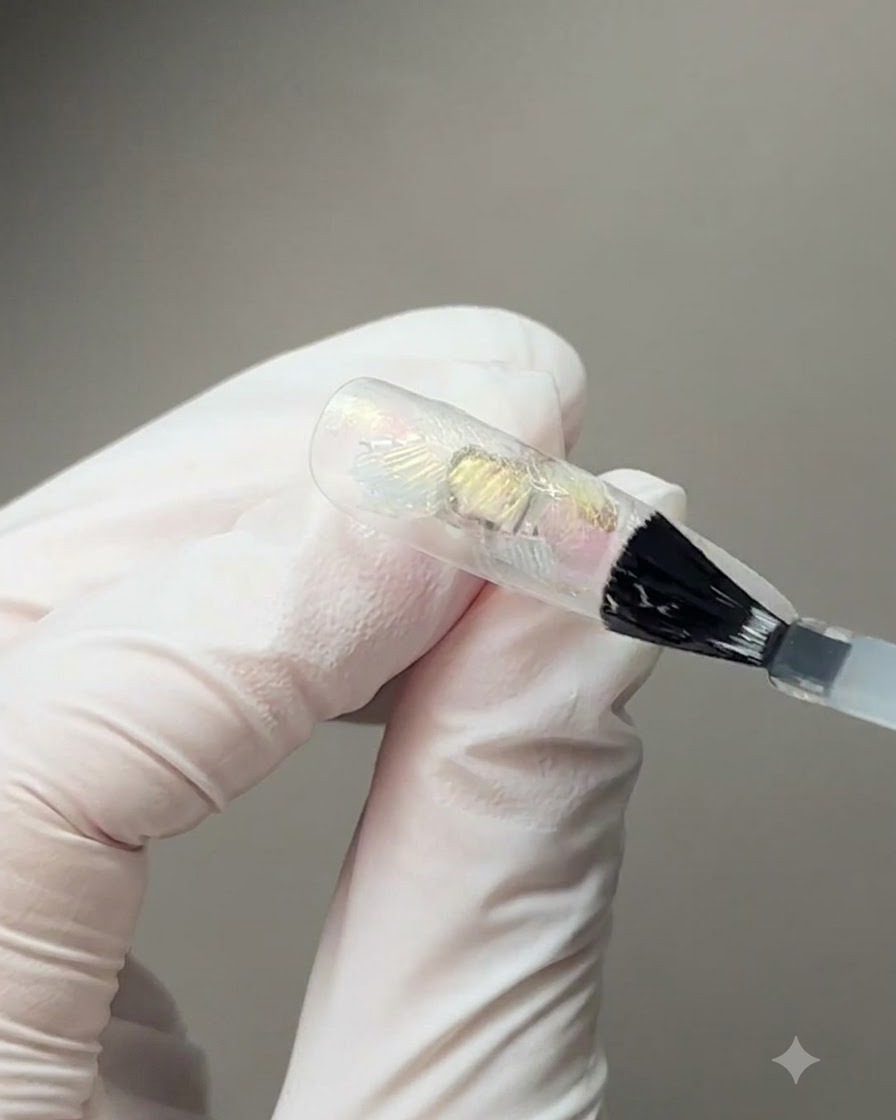 Un pennello che applica il gel base su una tip trasparente incorporata con diversi frammenti di conchiglia iridescente.
