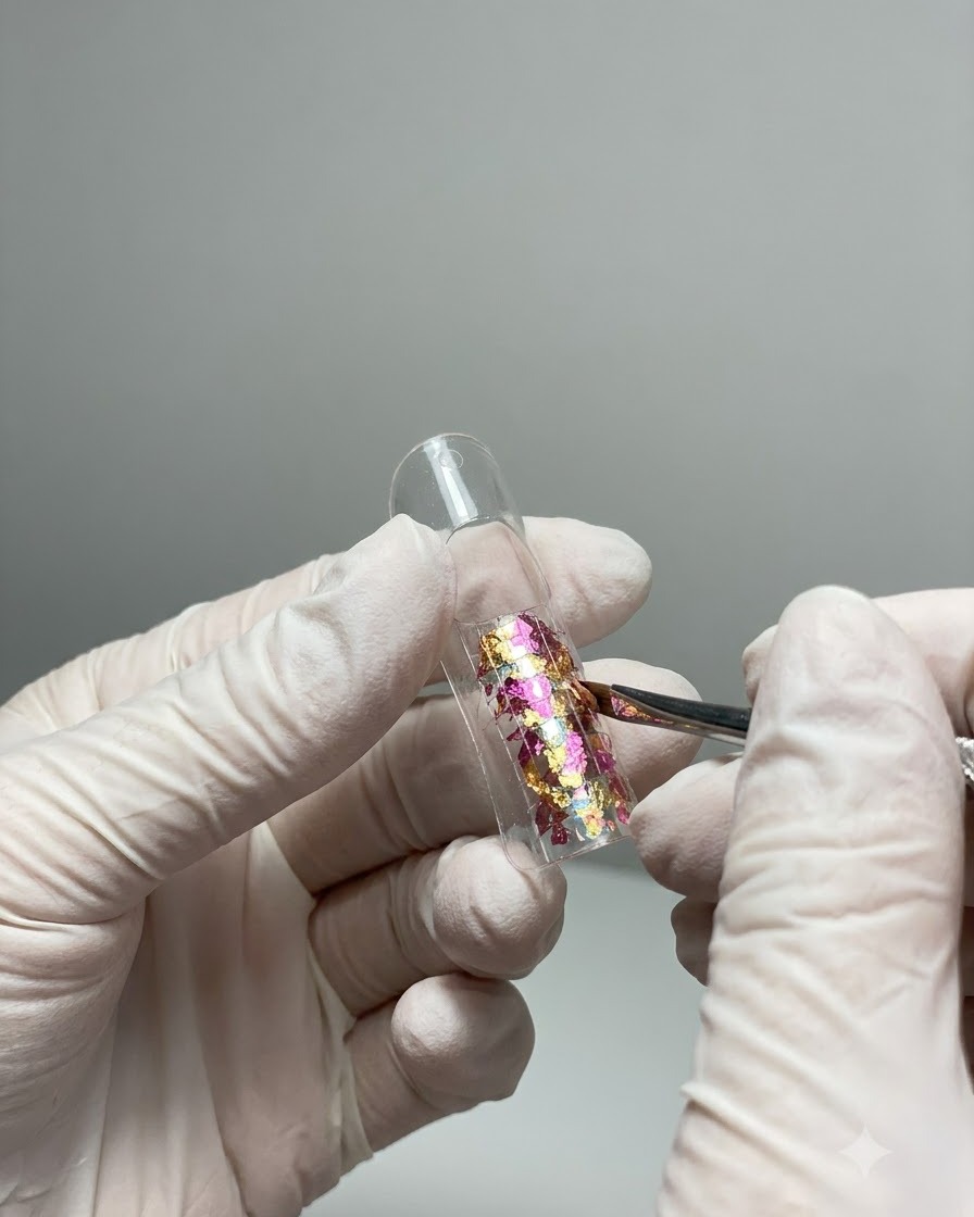 Un pennello sottile che applica gel colorato tra i fiocchi di conchiglia incorporati su una tip trasparente.